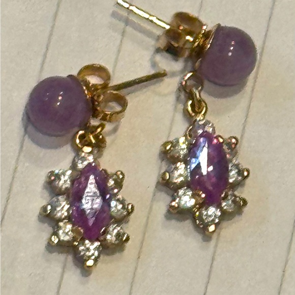 14k 6mm amethyst post earrings w/ faceted lavender stones & cz dangle - Picture 2 of 8